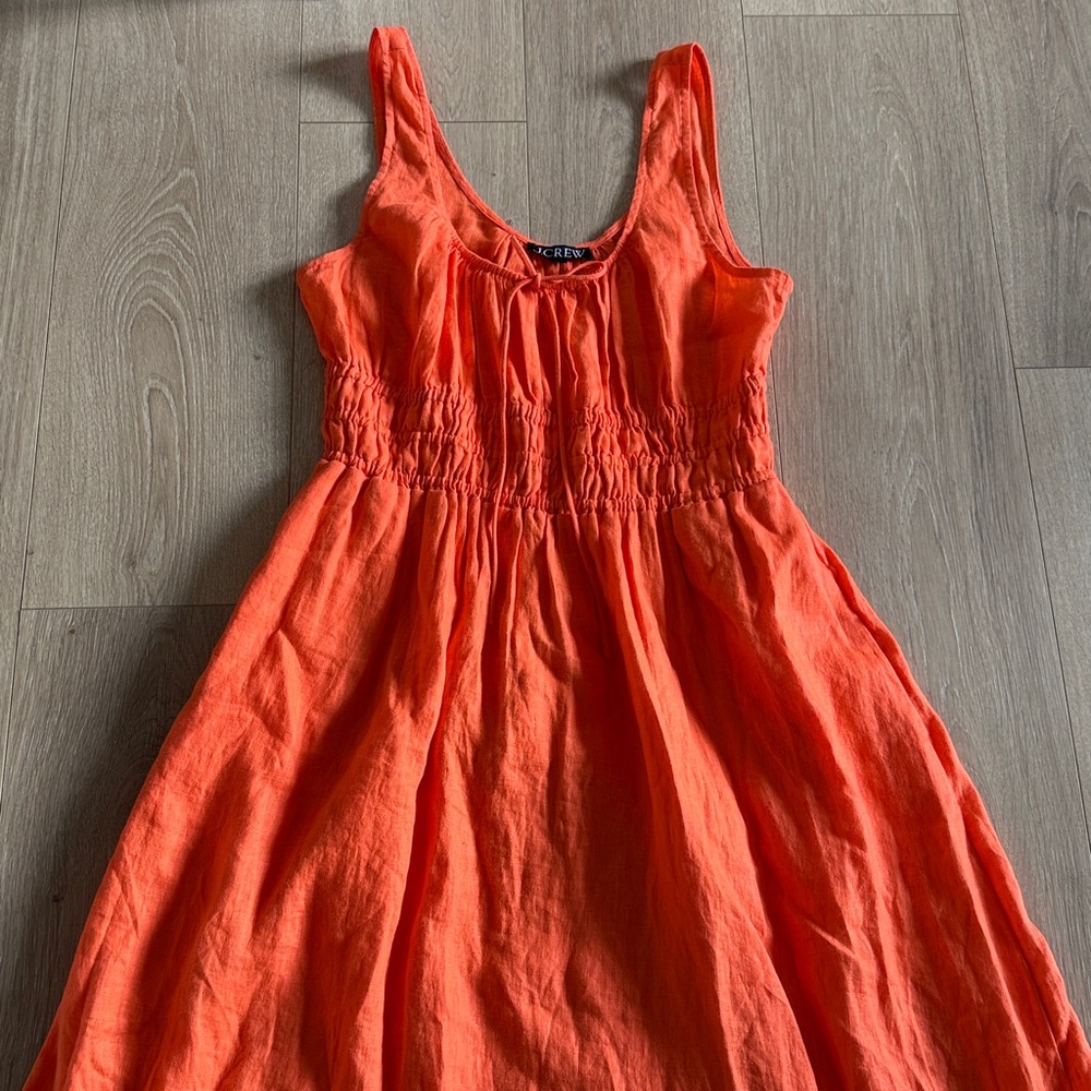J.Crew  Smocked Midi 100% Linen Dress in Tangerine Orange sz. M - Picture 5 of 8